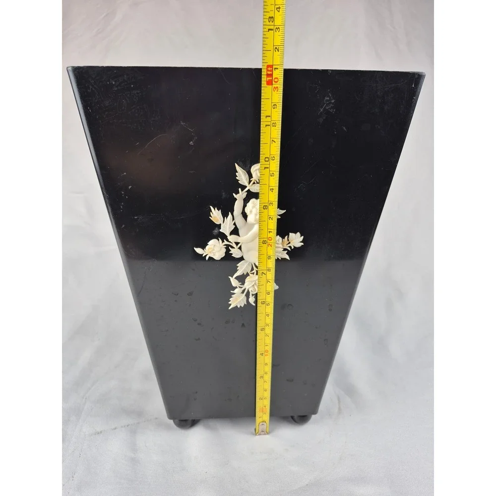 Schwarz Bros Vintage Cherub Rose Wastebasket Black Hollywood Regency Floral Can